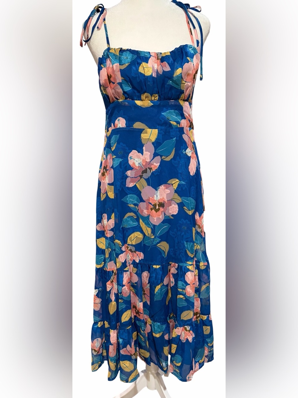 Lulus Tea Party Chic Blue Floral Print Tie Strap Tiered Midi Dress